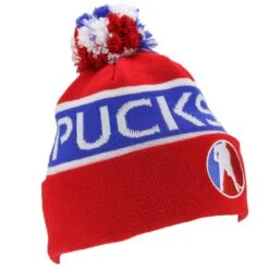Puck Stop Winter Beanie - Red/Blue -Hockey 1521650488 PuckStopBobbleHatRedBlue3